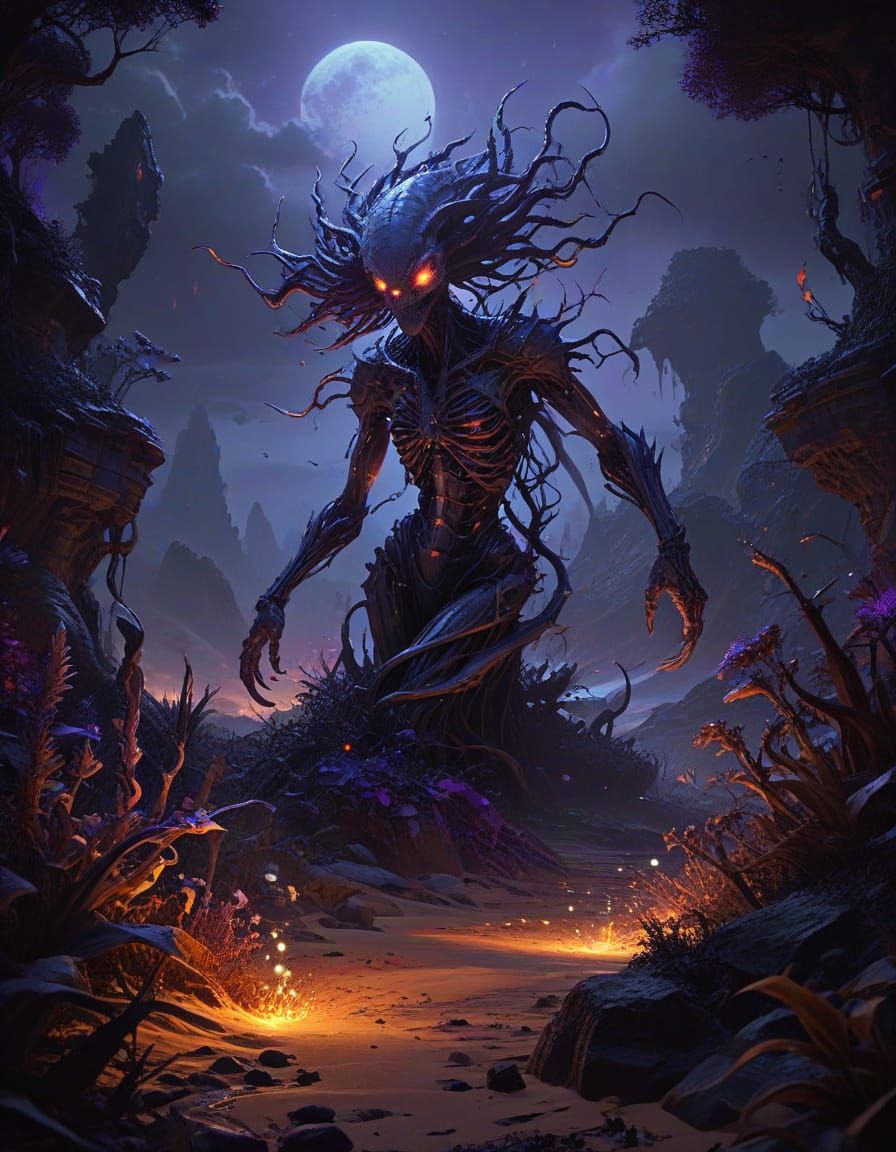 Twisted, Nightmarish Alien Landscape in Dark Fantasy Style