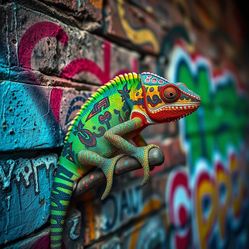Vibrant Chameleon Blends with Urban Graffiti in Hyperrealist...
