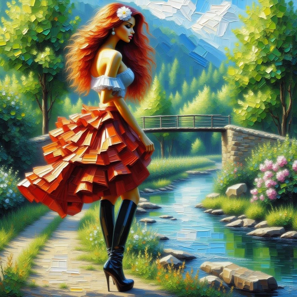 Woman in Fairytale Landscape as Impasto Painting
