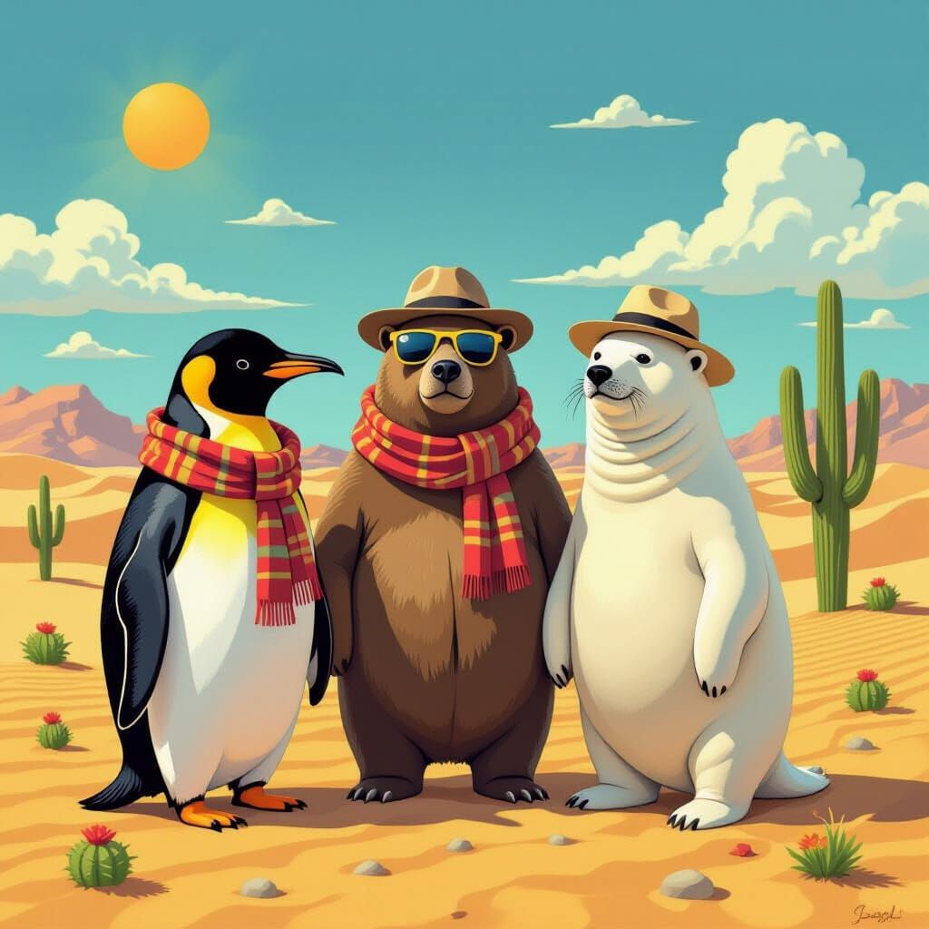 Arctic Animals' Desert Adventure in Warm Colors