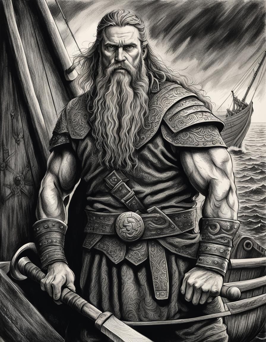 Viking Warrior with Hammer: Detailed Charcoal Drawing