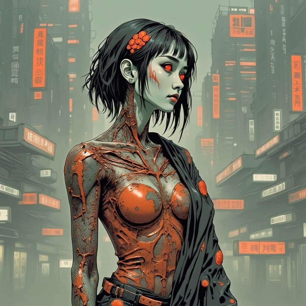 Cyberpunk Woman with LED Tattoos in Neon Tokyo Style