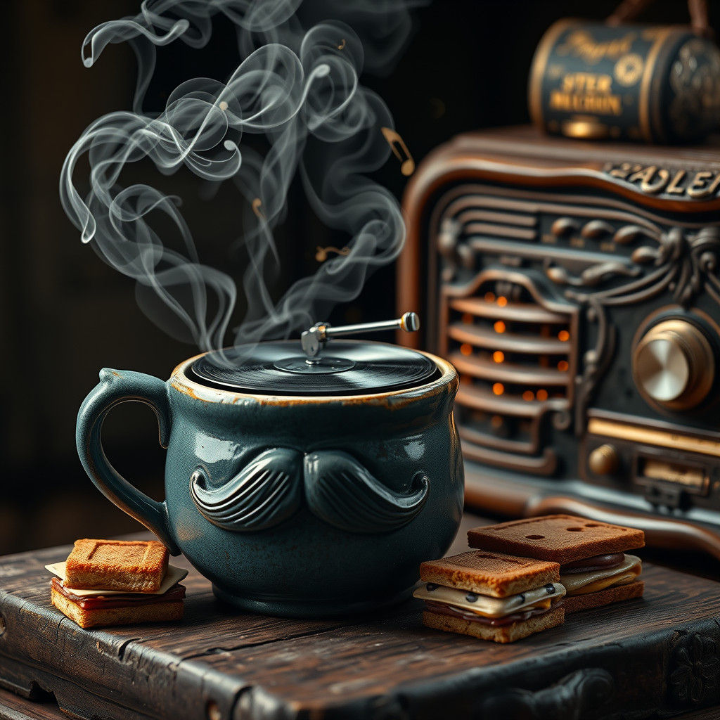 Miniature Record Player in Mug with Cassette Sandwiches