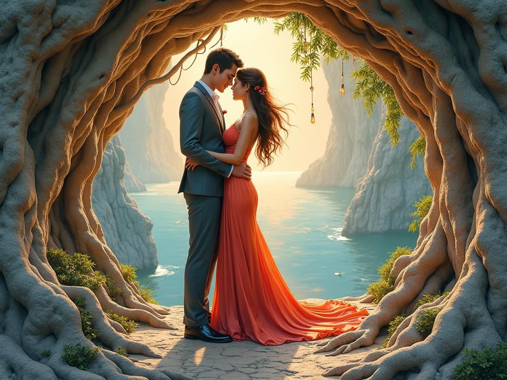 Art Nouveau Bas-Relief: Romantic Cave Embrace