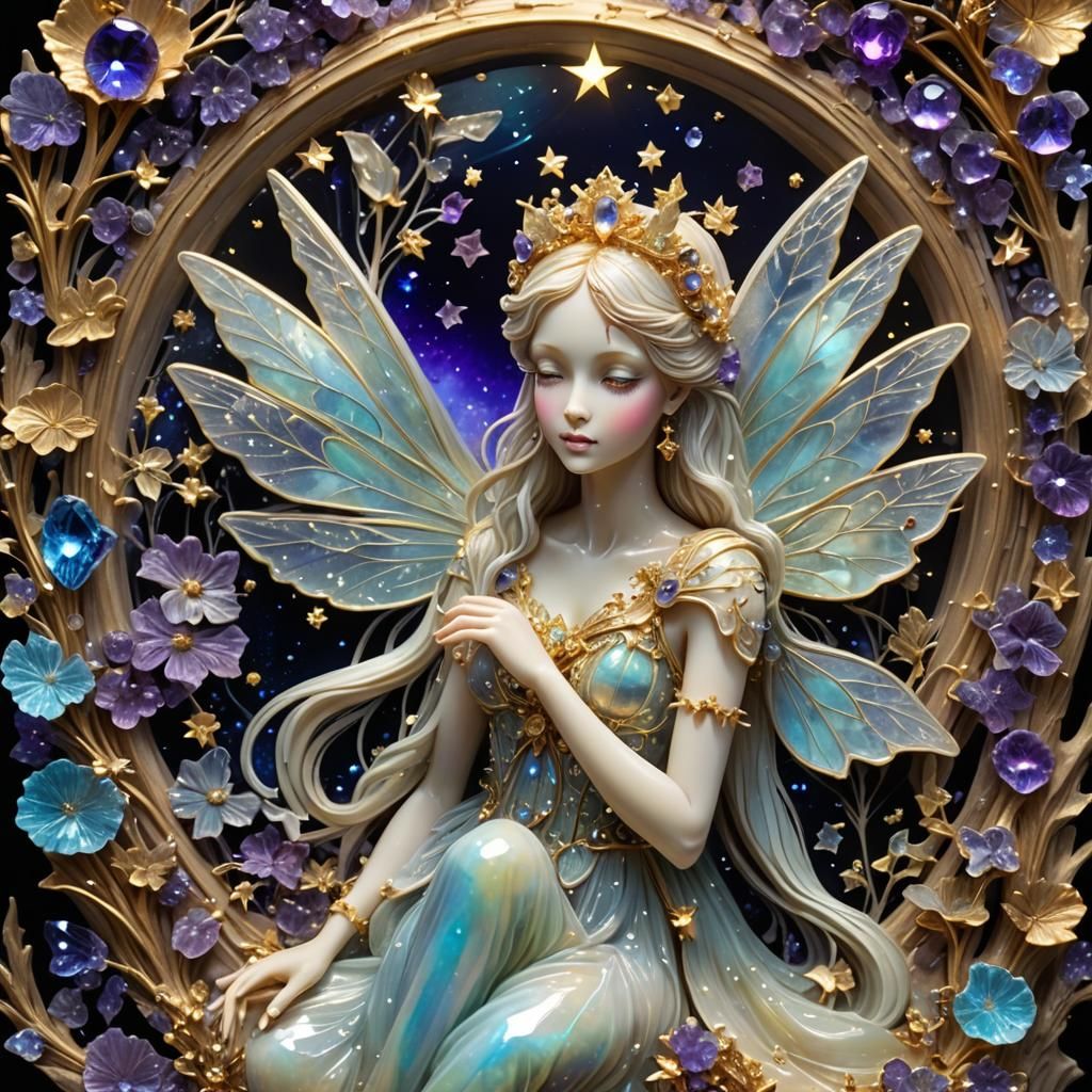 Opalescent Fairy Carving with Crystals and Moon