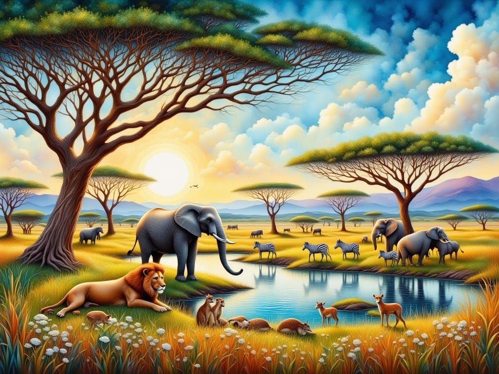 Golden Savannah Paradise with Majestic Wildlife