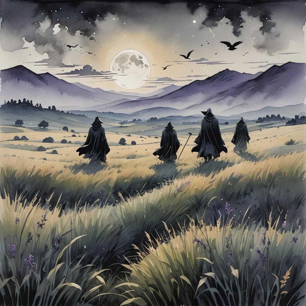 Monochrome Figures in Lavender Field Under Three Moons