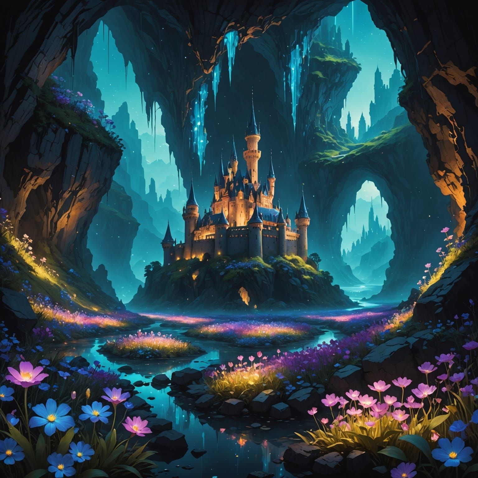 Mysterious Castle in Bioluminescent Crystal Cavern