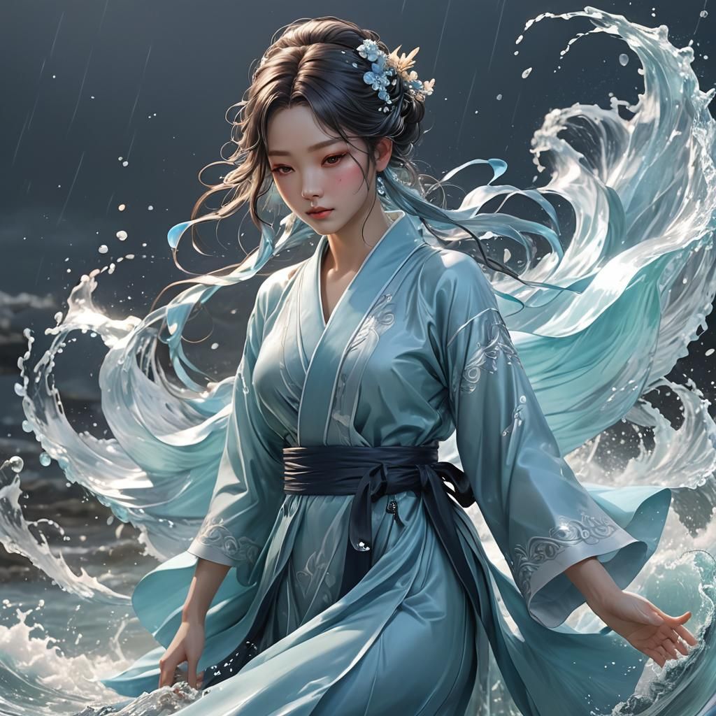 Korean Water Fairy using tidal waves wearing baby blue robe