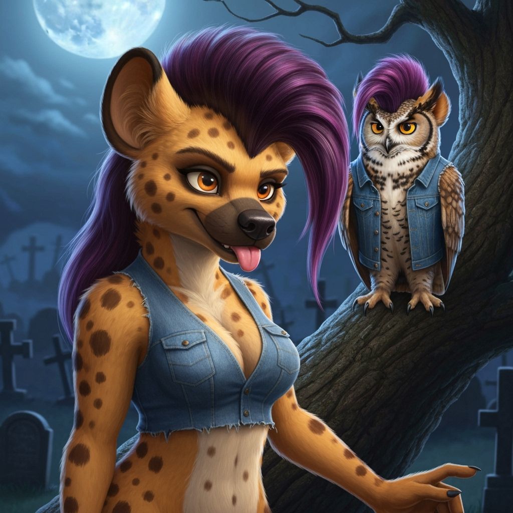 Anthropomorphic She-Hyena in Owl Costume in Graveyard