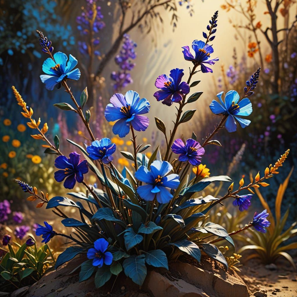 Vibrant impasto oil painting. Medium shot. Whorls of blue and violet flowers rise above foliage on branched spikes. Low-...