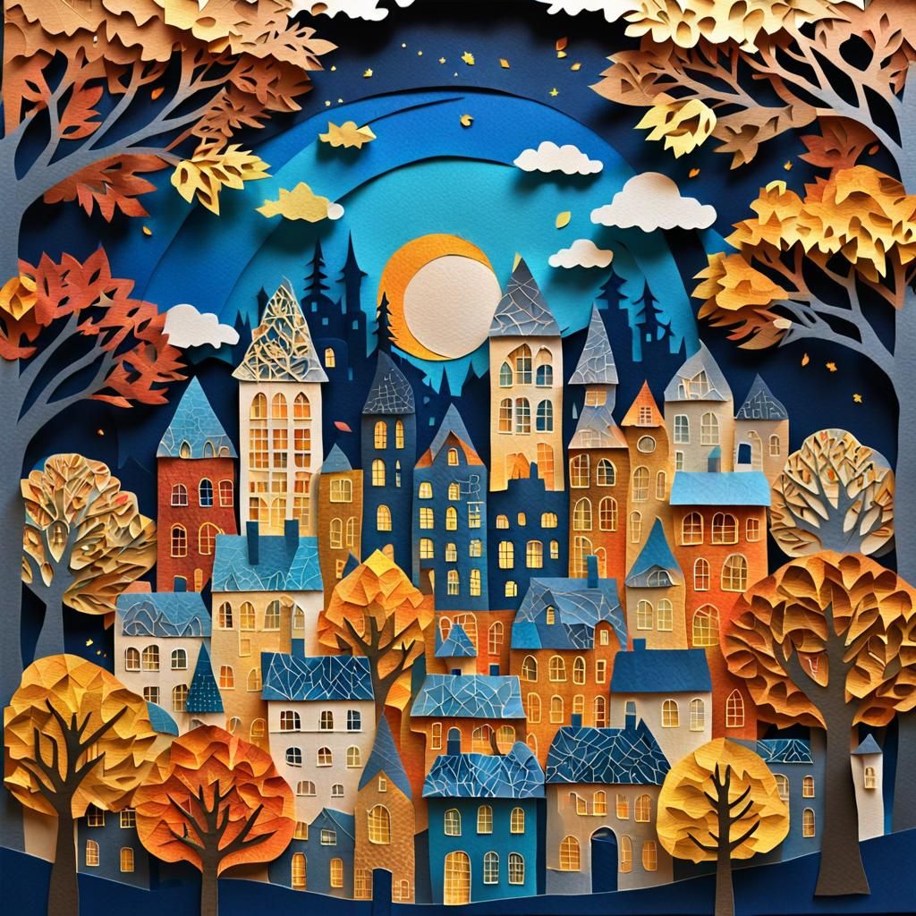 Whimsical Autumn Paper Collage Cityscape