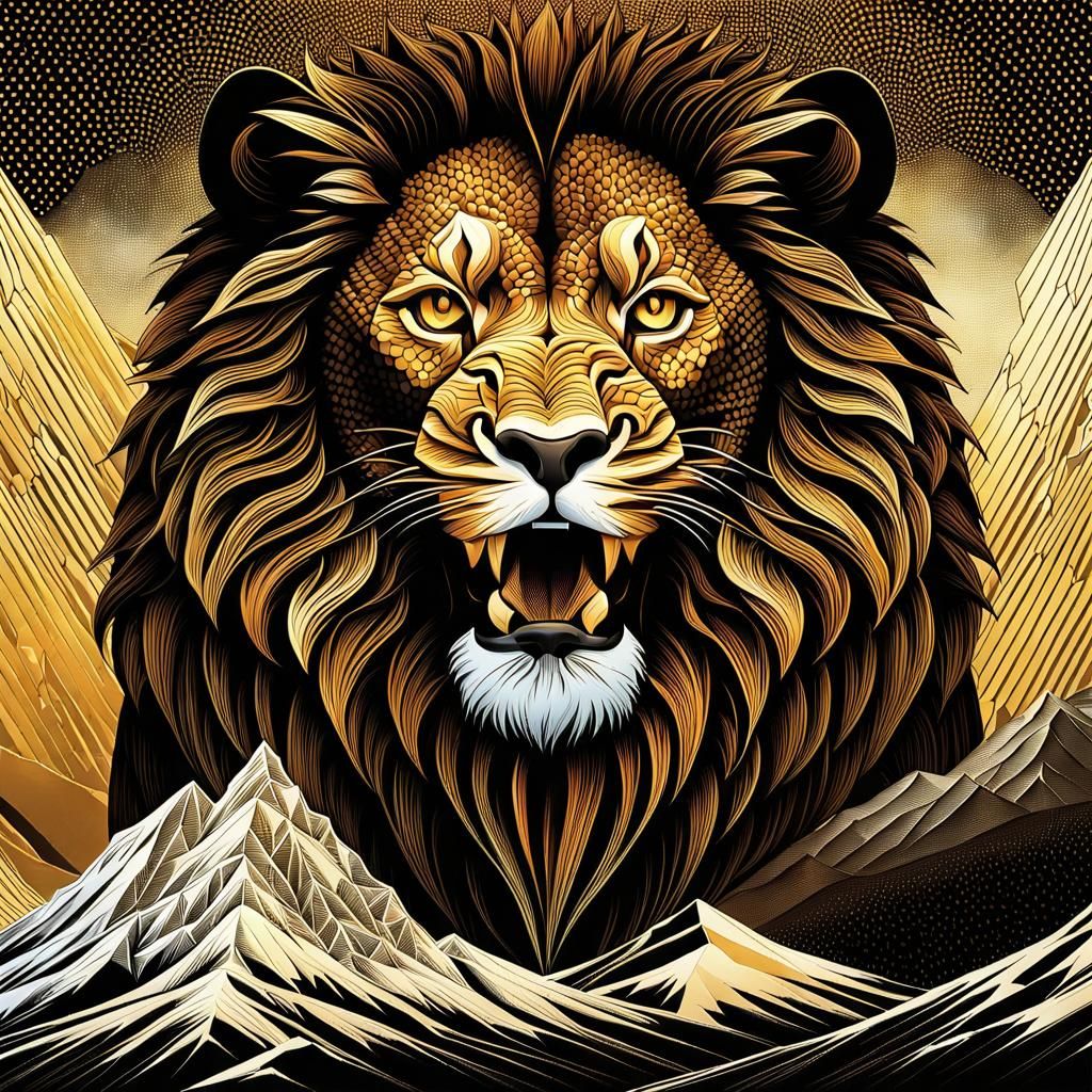 Lion on African Mountain in Geometric Art Style