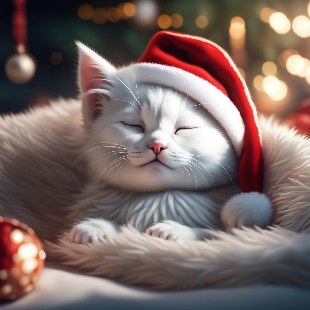 Adorable Kitten Dreams of Christmas: Detailed Matte Painting