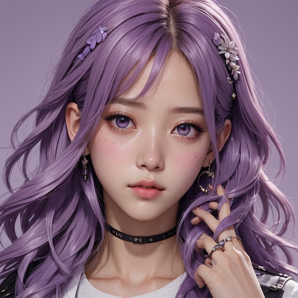 Anime Style Portrait of Woman with Purple Hair