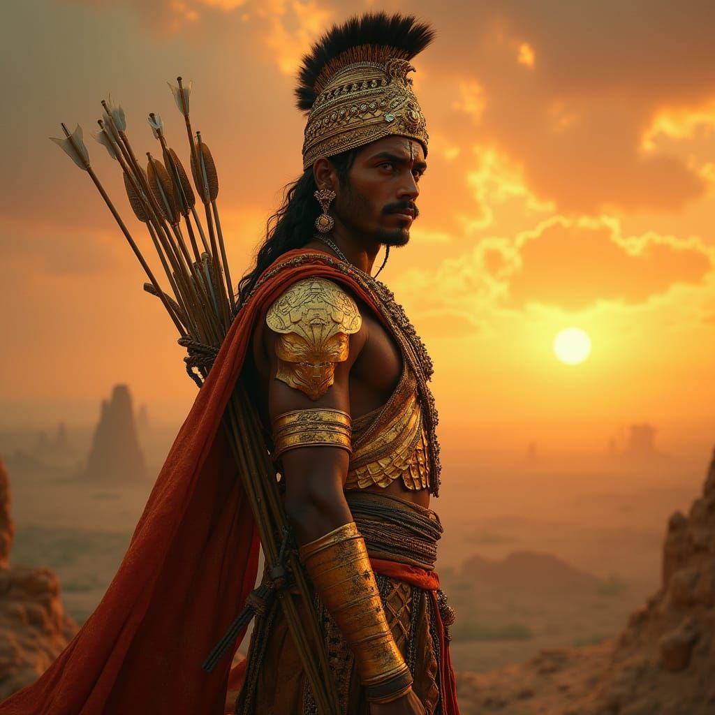 Ancient Indian Warrior Prince in Golden Armor, Standing on a...