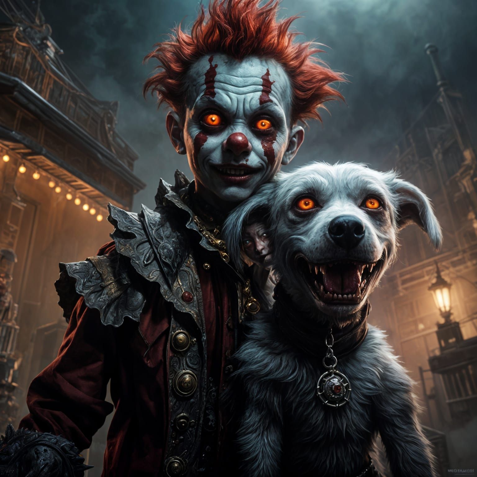Zombie Monkey Clown Child and Dog: Dark Fantasy Art