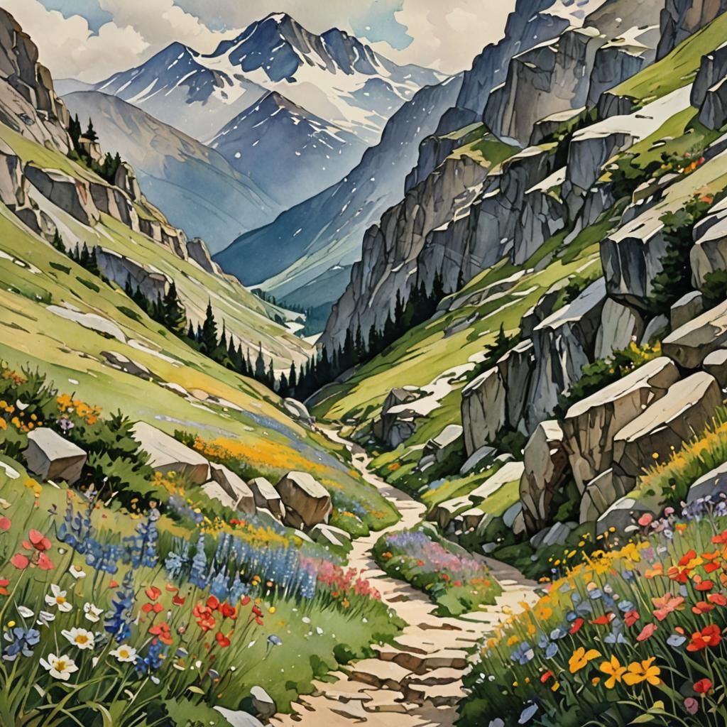 Alpine Mountain Path in Watercolor Style