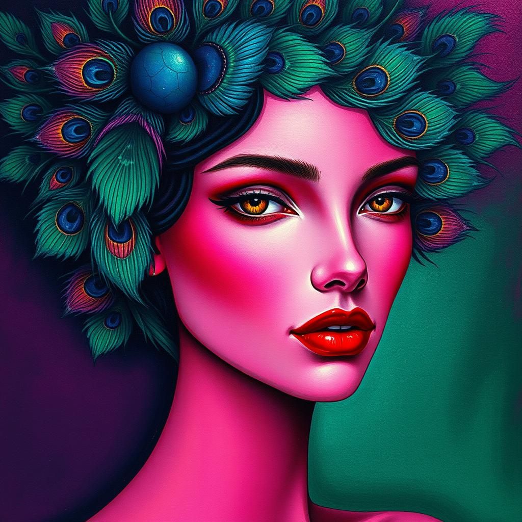 Woman with Peacock Hair in Abstract Art Style