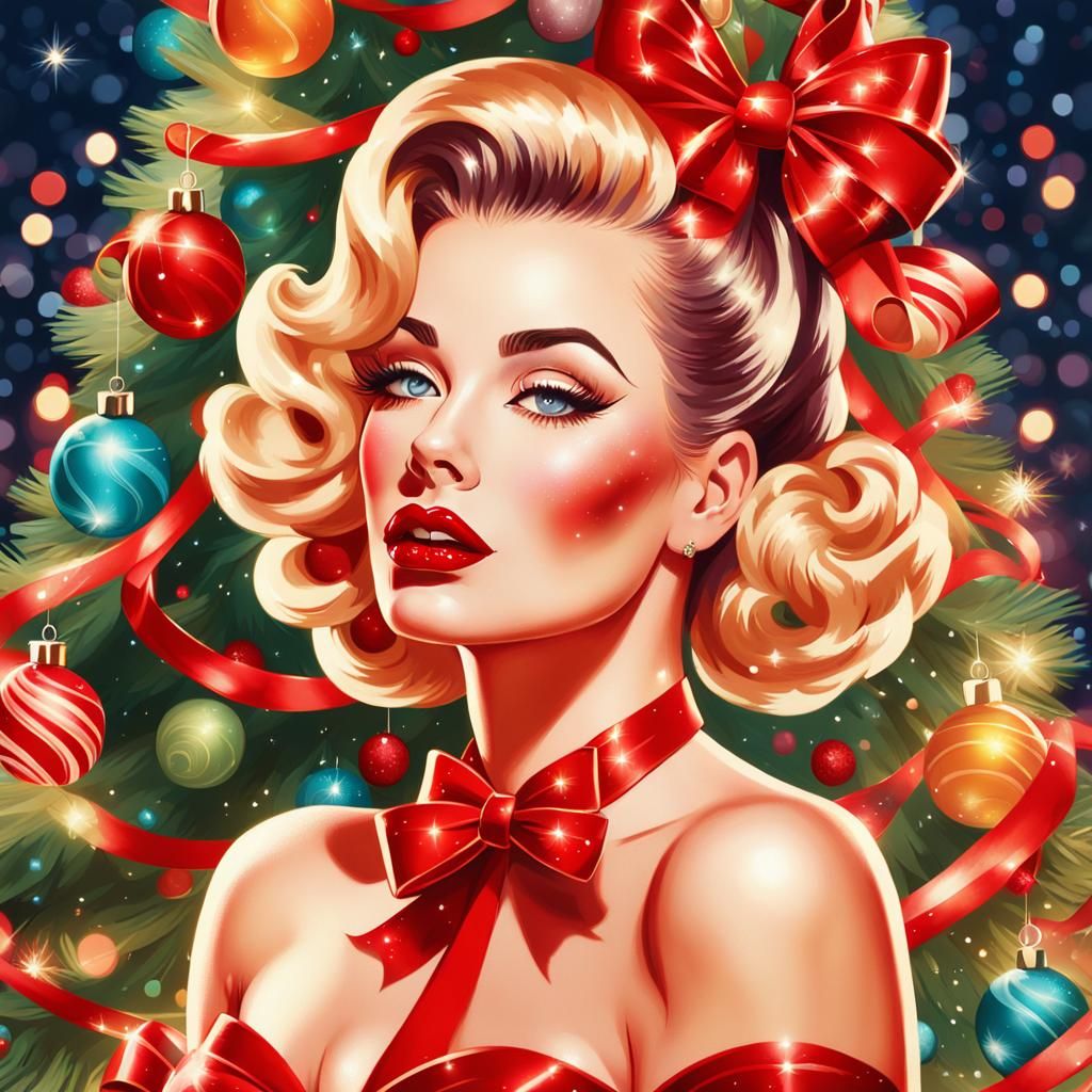 Vargas-Inspired Pinup Girl in Whimsical Christmas Wonderland