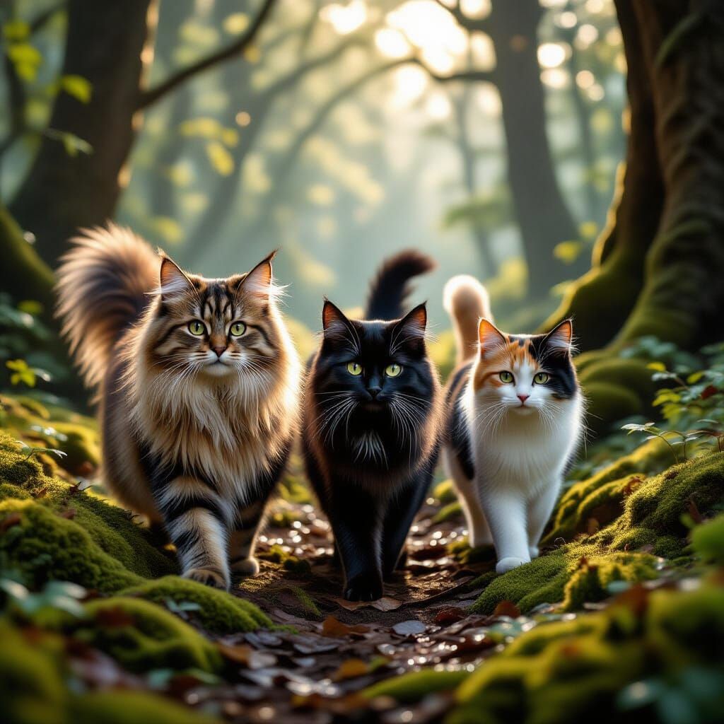 Photorealistic Cats in Enchanted Forest at Dawn