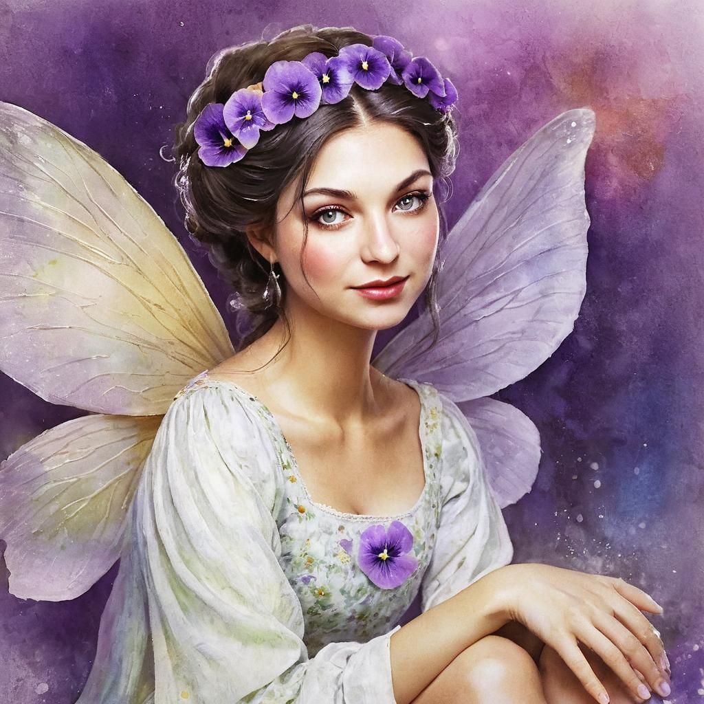 Delicate Fairy with Pansies in Whimsical Watercolor