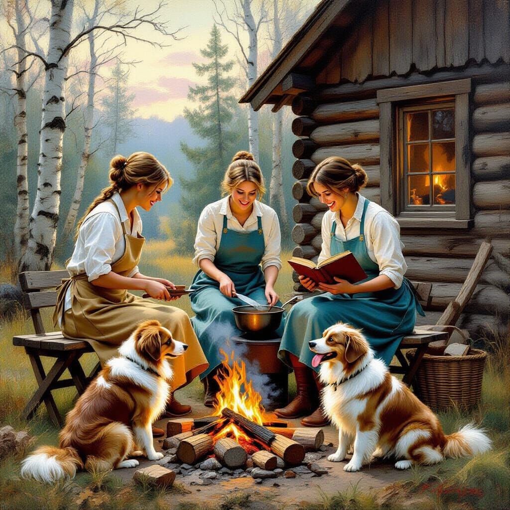 Cabin Scene: Women Cooking in Wyeth Style