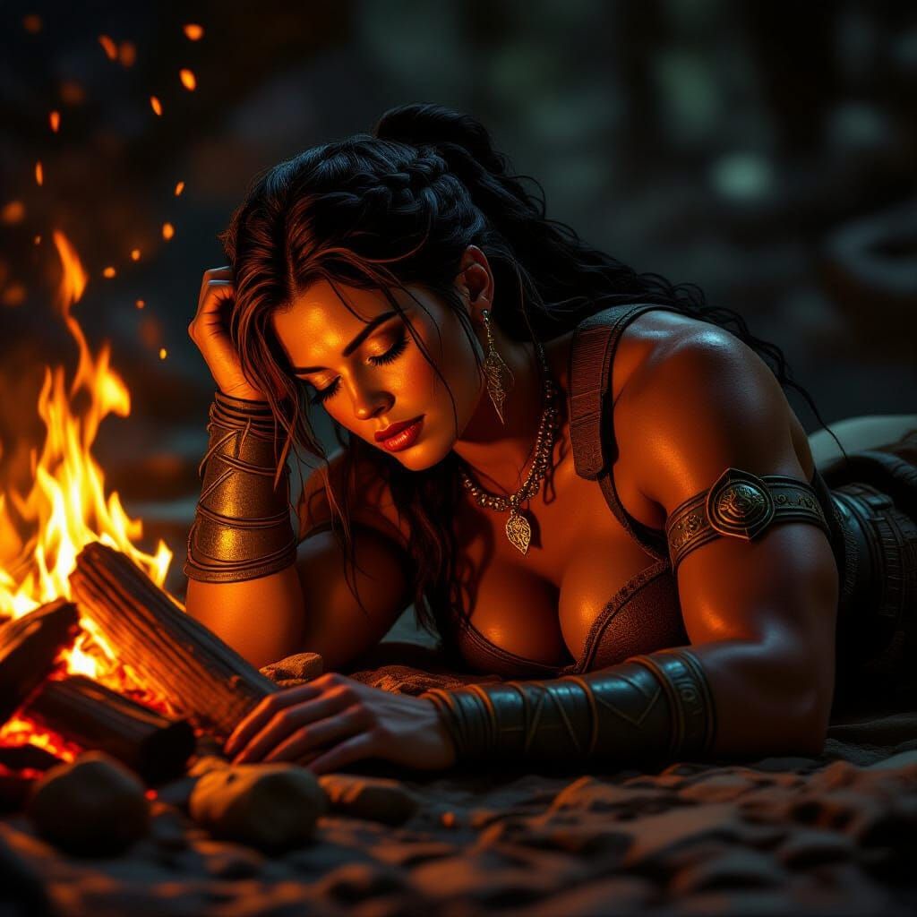 Muscular Barbarian Woman Sleeping Peacefully by Firelight
