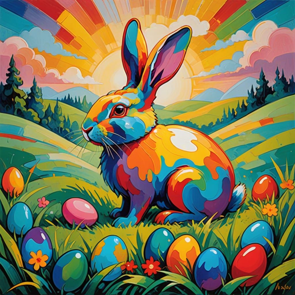 Whimsical Rabbit Hides Egg in Vibrant, Melting Rainbow Acryl...
