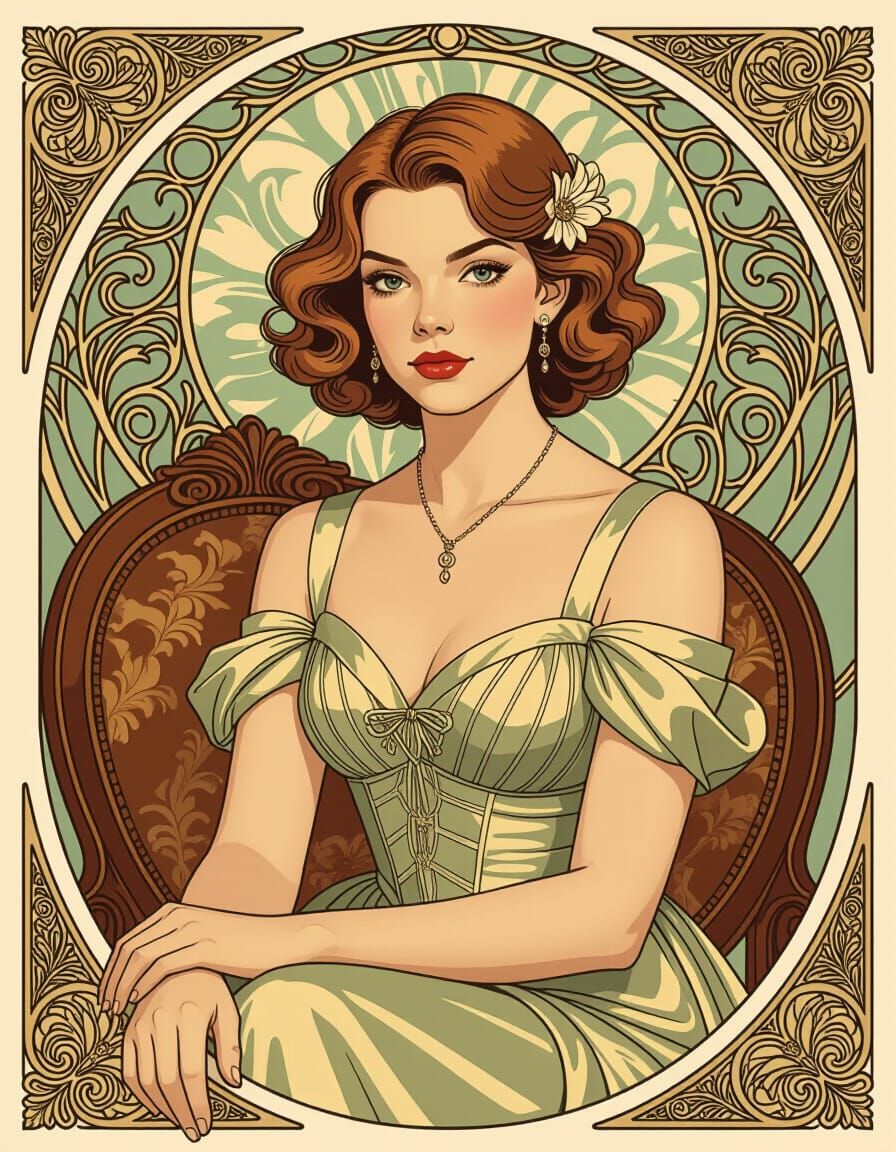 Anya Taylor-Joy in Elegant Attire, Mucha & Jean Style