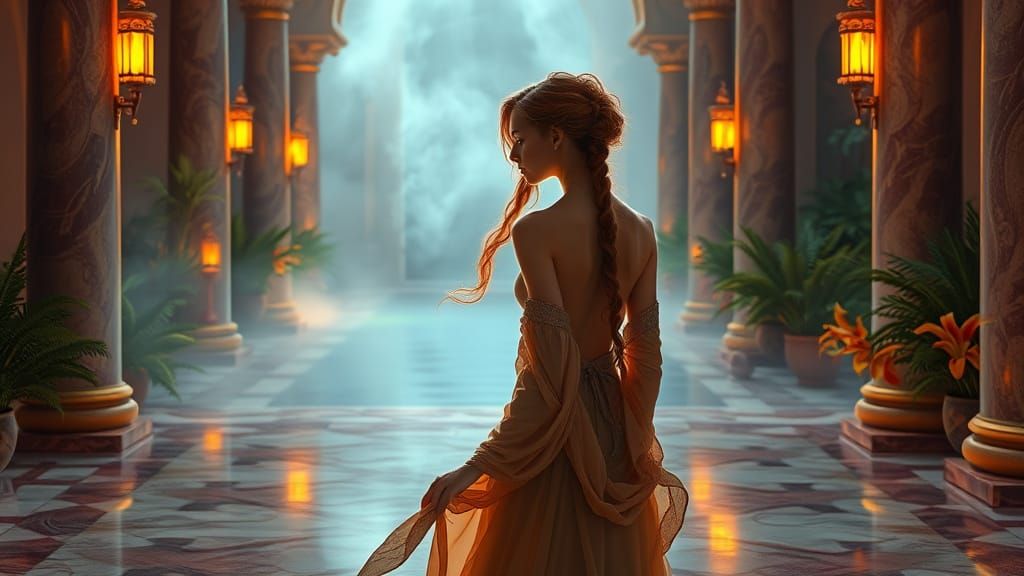 Medieval Goddess with Red Hair in Golden Light