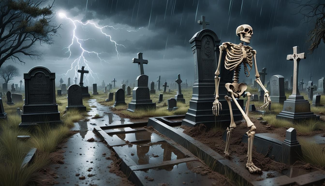 Skeleton Emerges in Stormy Cemetery, Hyperrealistic Art