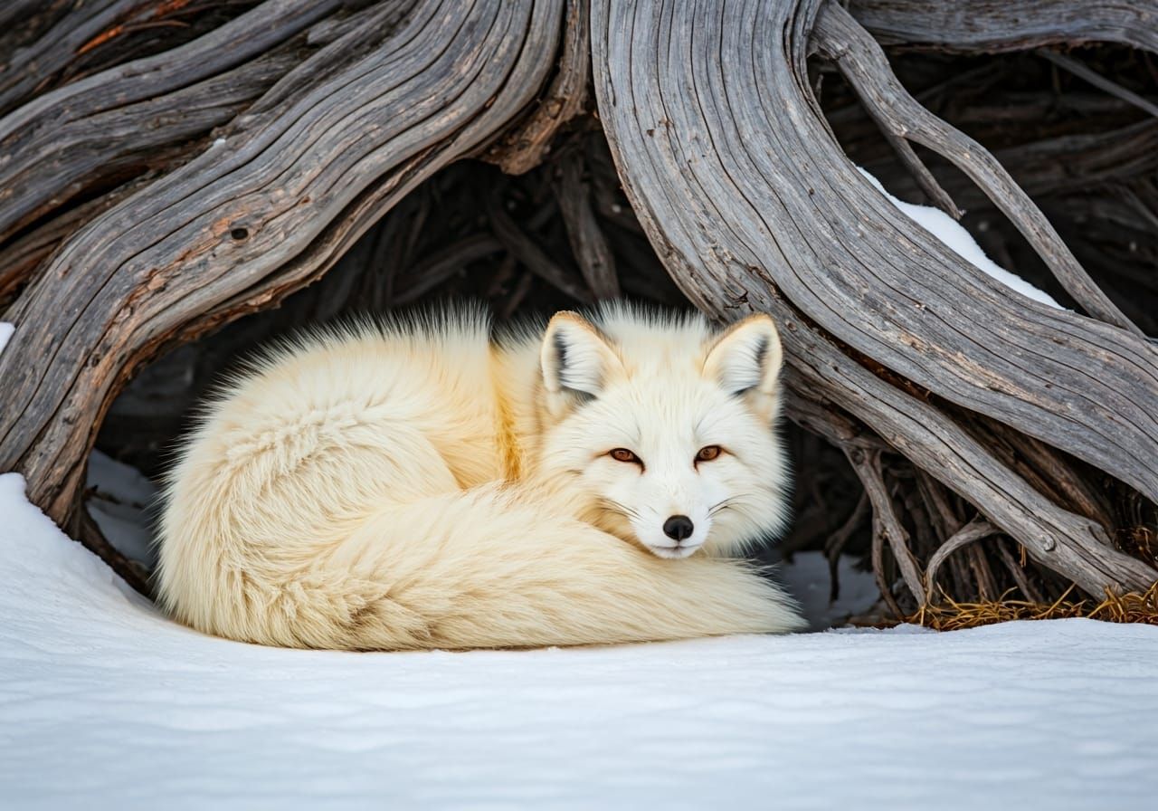 Snow Fox Cozy in Tundra Storm Wildlife Photography
