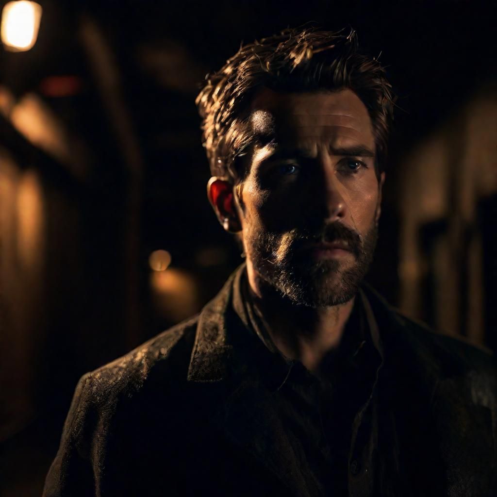 Cinematic Film Still of Man in Dimly Lit Setting
