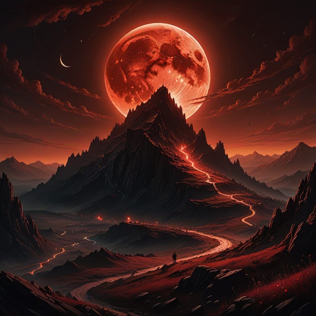 Blood-Red Moon Rises O'er Mountains in Dark Fantasy Art