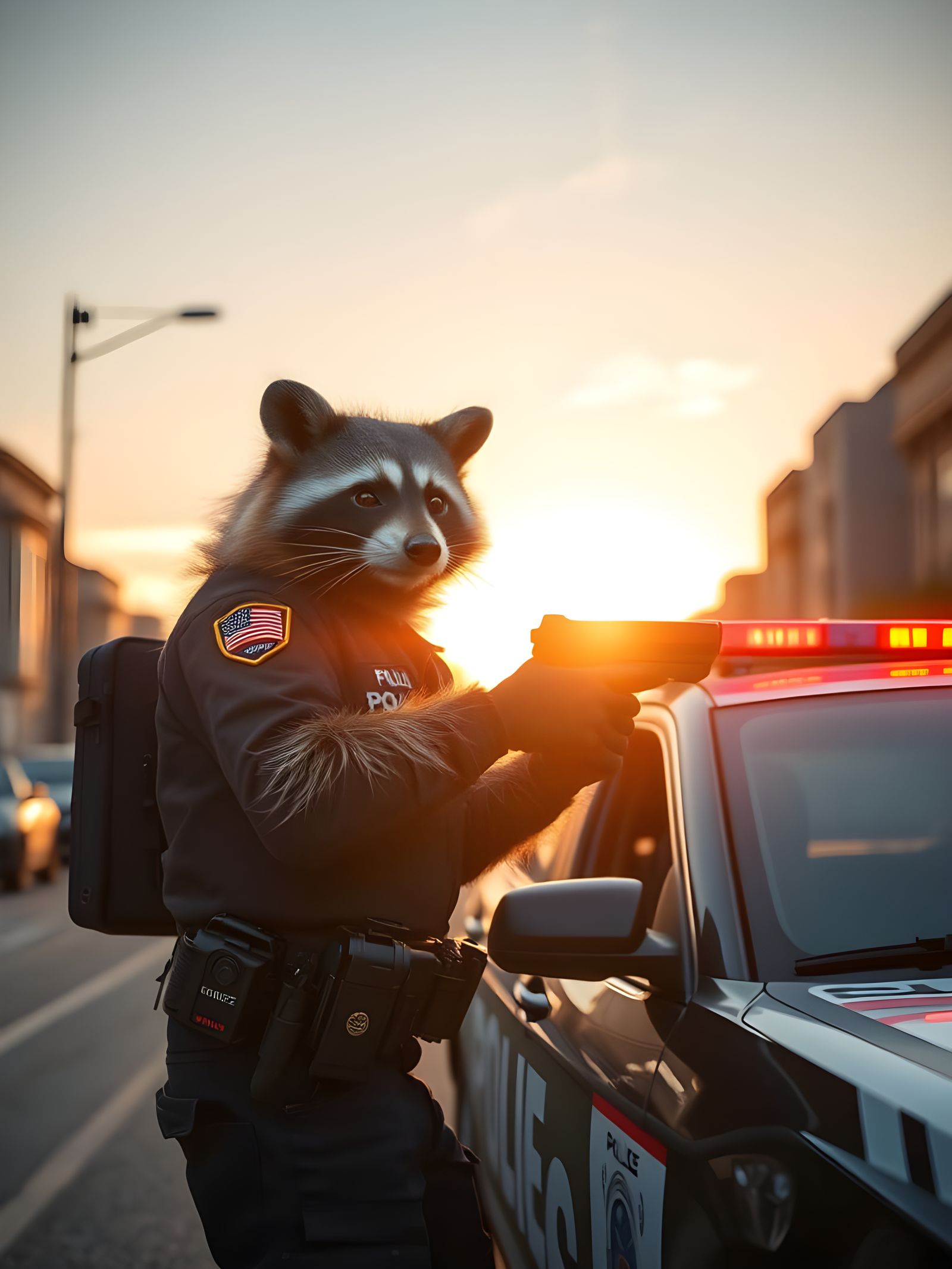 Cyberpunk Raccoon Cop Engages in Morning City Shootout