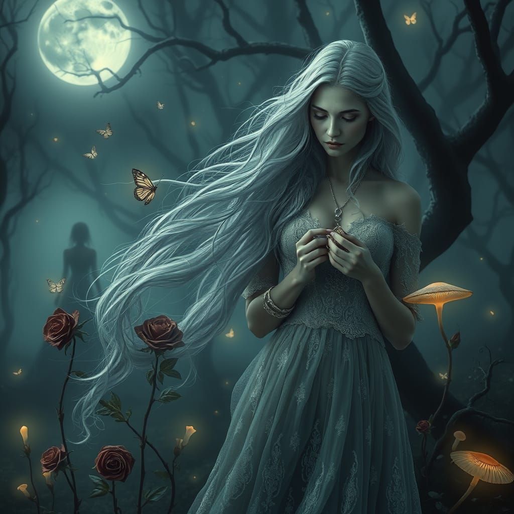 Ethereal Moonlit Enchantress in Mysterious Forest Landscape