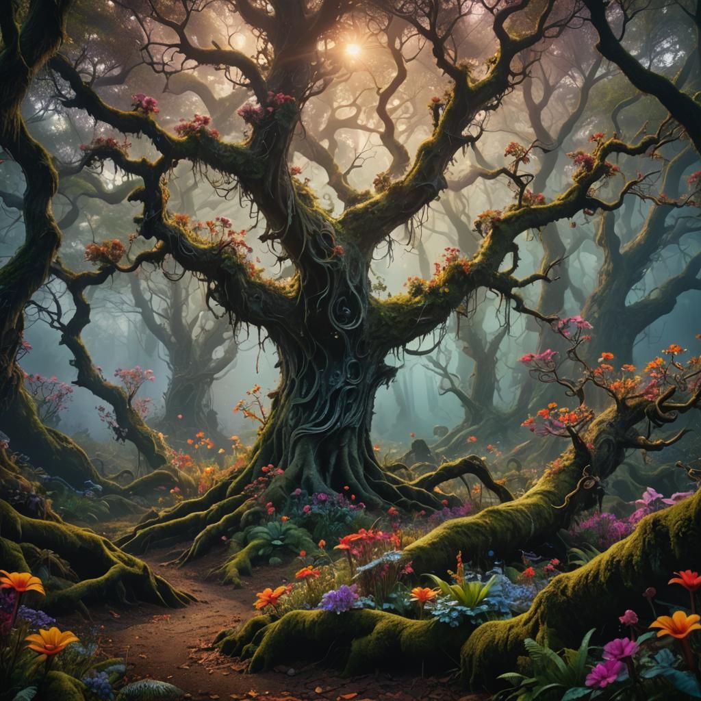 Ethereal Mist in a Magical Forest Landscape