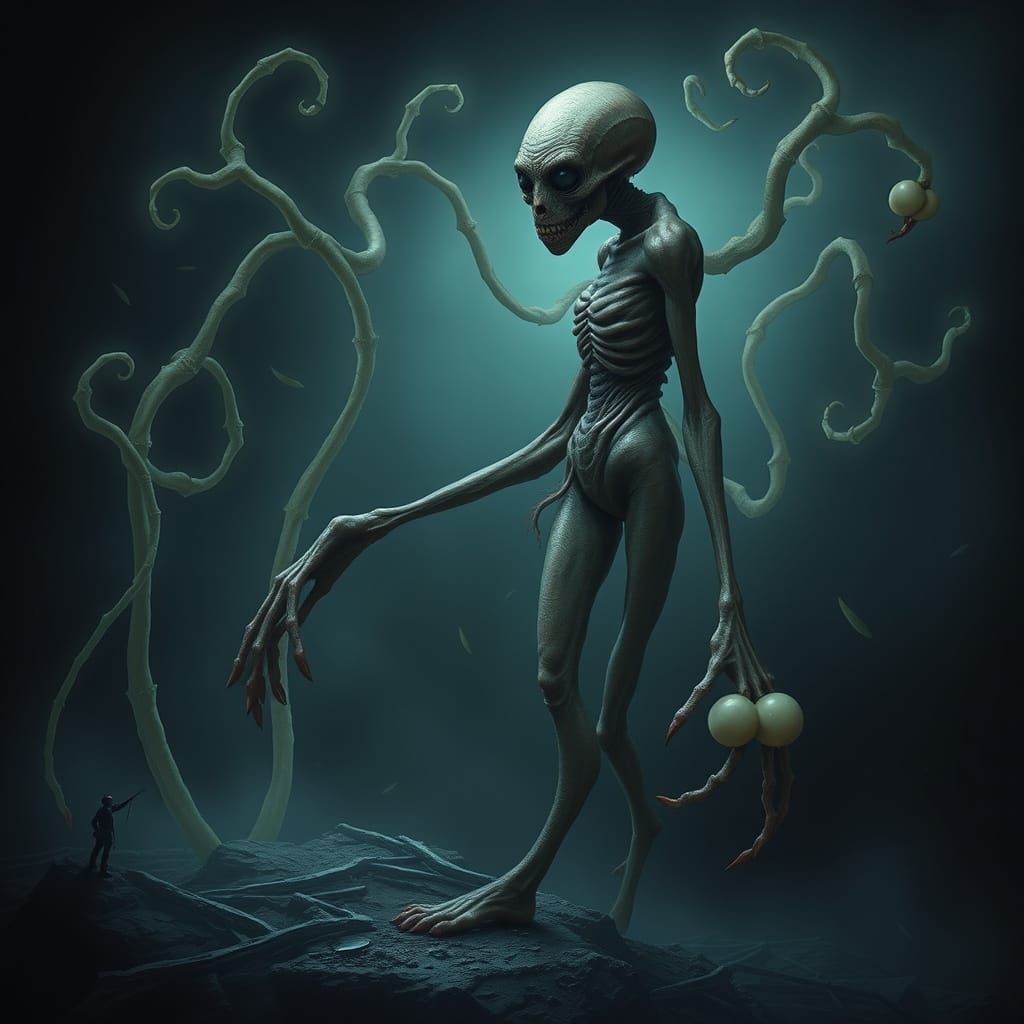 Grotesque, Humanoid Figure in Dark, Surreal Landscape