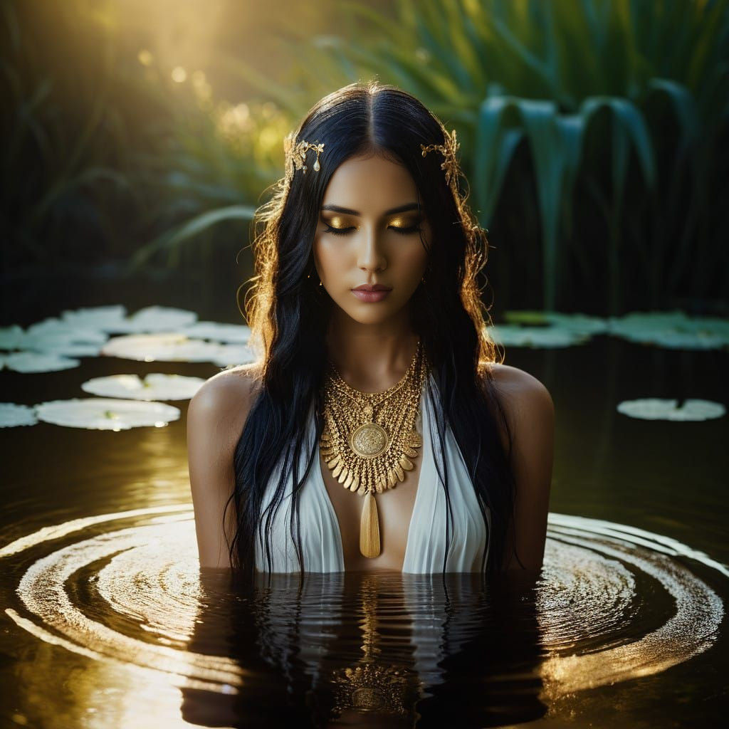 Majestic Deity Beside Glowing Pond in Golden Light