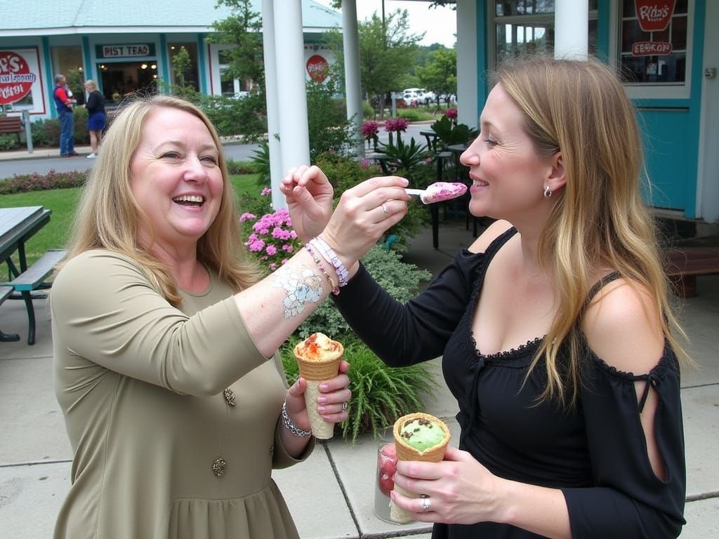 Mother Feeds Daughter Colorful Ice Cream on a Warm Summer Da...