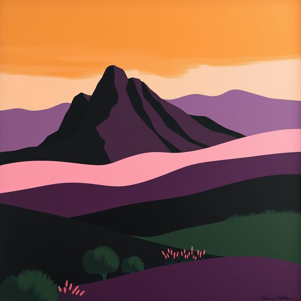 Serene Landscape in Brown Purple Black Green Pink Hues