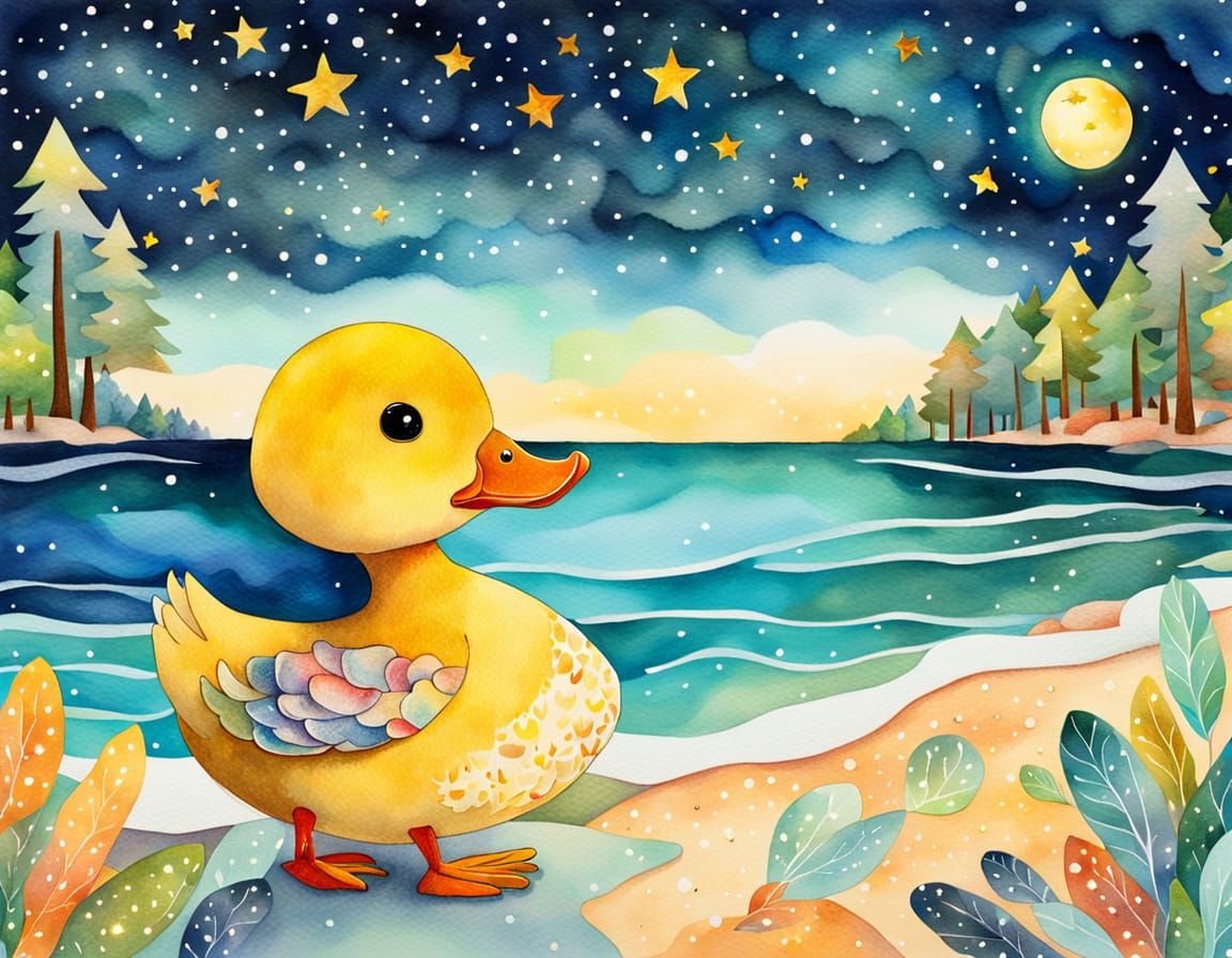 Whimsical Duckling Dreamscape in Watercolor Style