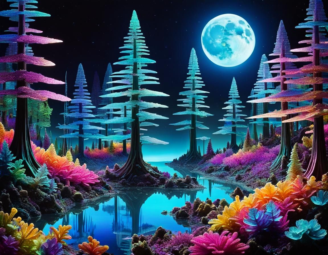 Bioluminescent Crystal Forest Under Moon in Surreal Style