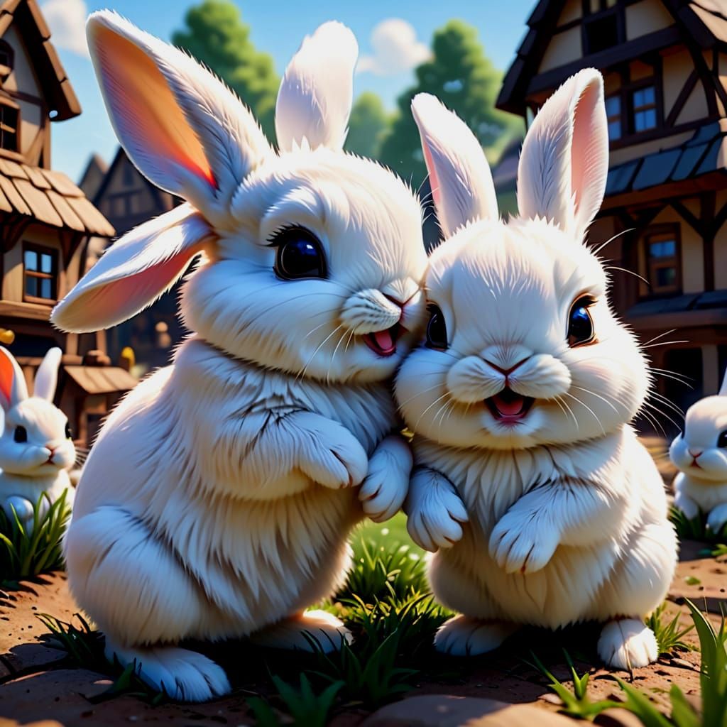 Whimsical Easterville Village Scene with Adorable Baby Bunni...