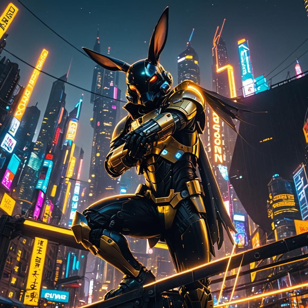 Aetherpunk Rabbit Warrior on Futuristic Cityscape