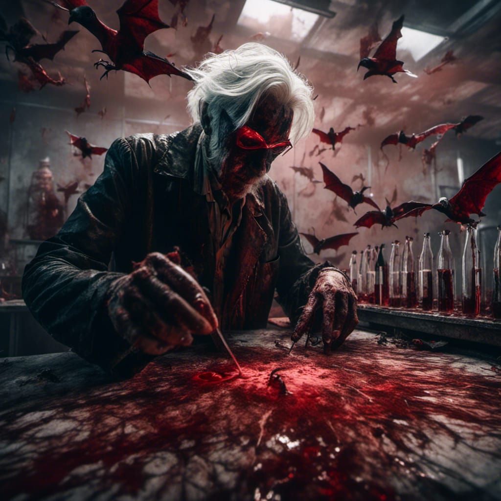 Macabre Lab Scene: Man, Mask, Blood, and Bats