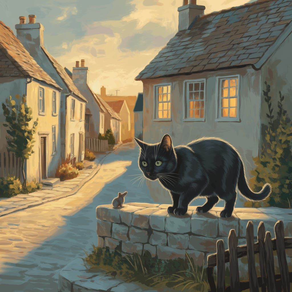 Coastal Village Cat and Mouse at Dusk