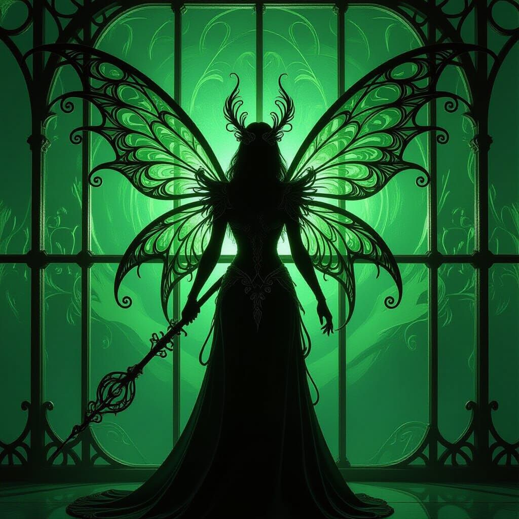 Fae Queen in Black Paint on Backlit Glass