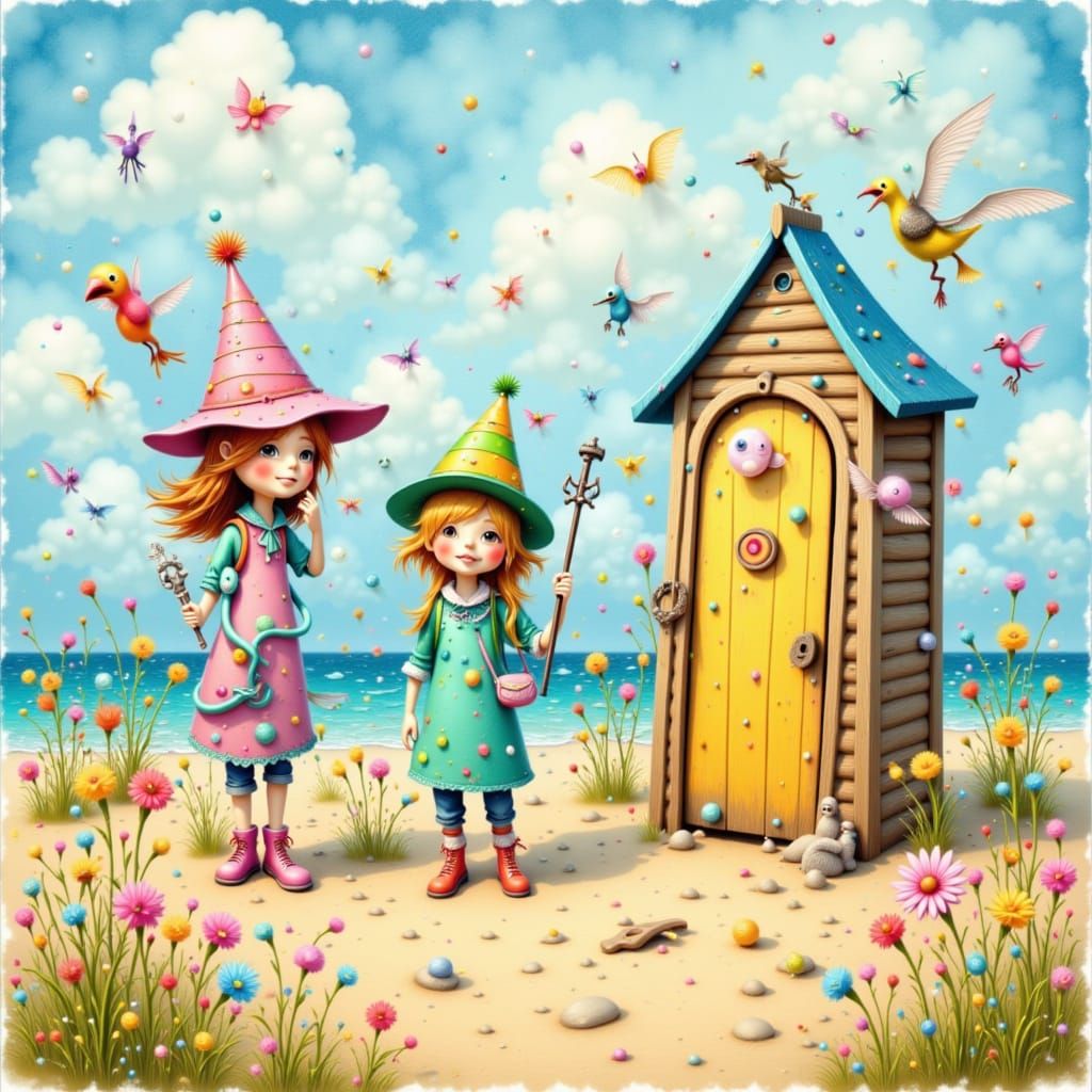 Whimsical Beach Scene with Figures and Huts in Cartoon Style